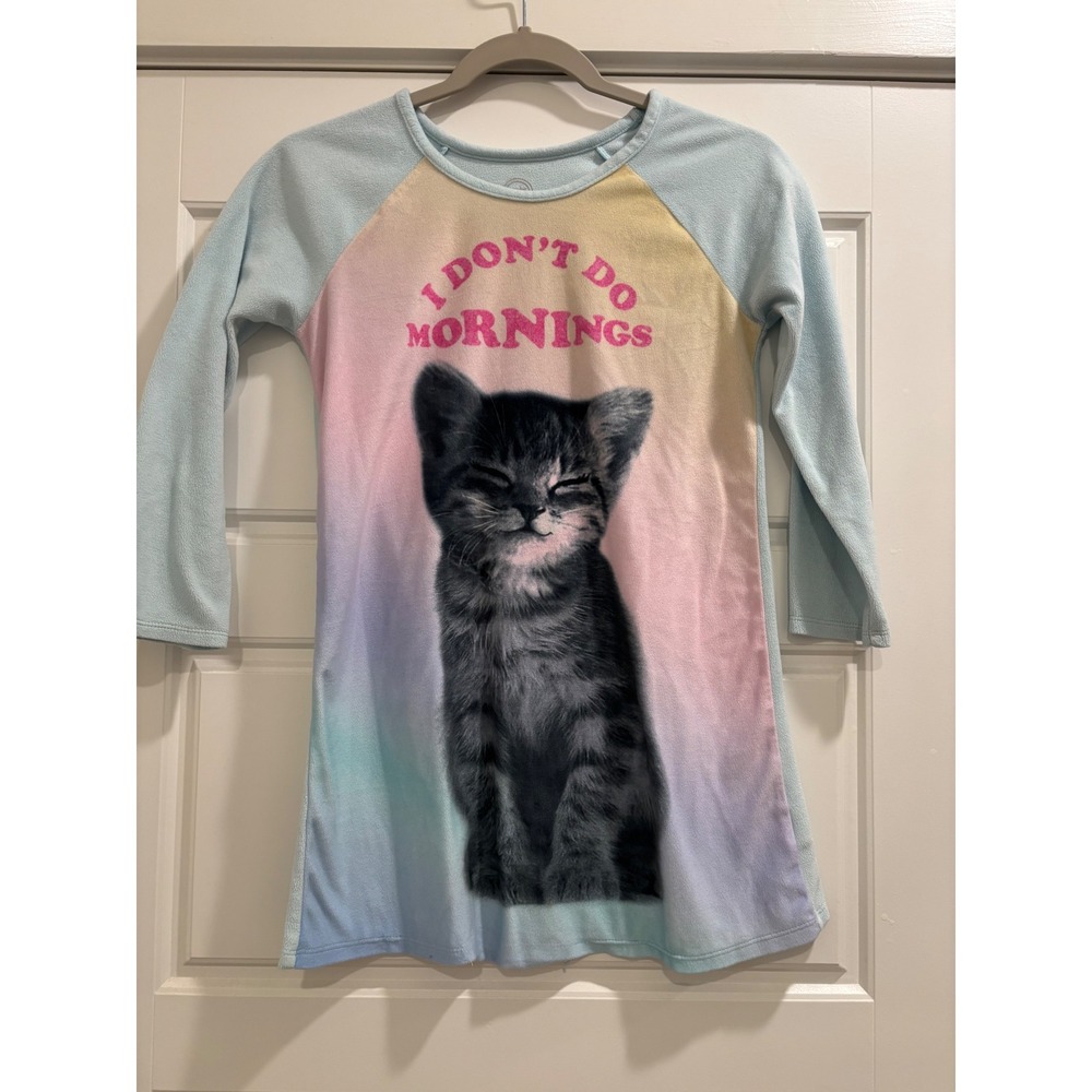 Wonder Nation Girls I Don't Do Mornings Kitten Fleece Nightgown Blue Rainbow 7-8